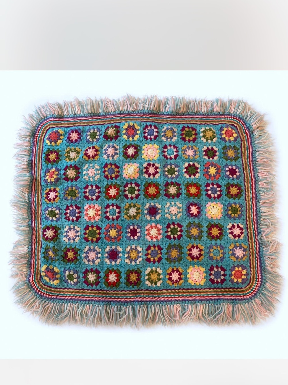 Vintage Handmade Crochet Granny Square Afghan Blanket Fringe Lap Blanket Throw